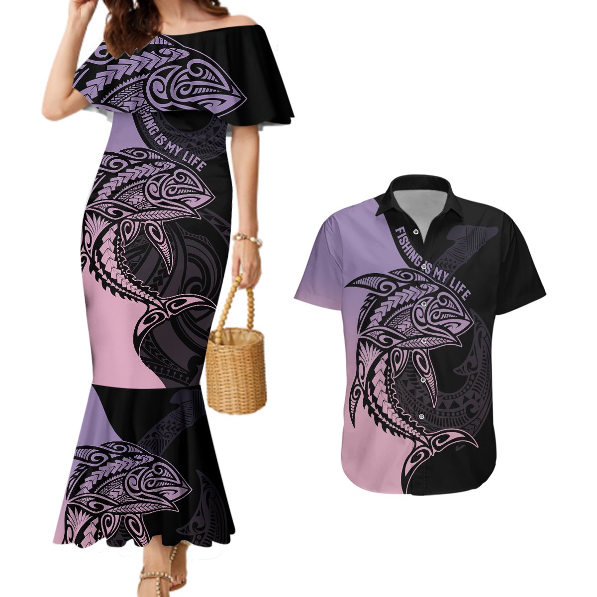 Personalised Polynesia Fishing Couples Matching Mermaid Dress and Hawaiian Shirt With Maori Hei Matau Fish Hook Pastel Art LT9 Pastel - Polynesian Pride