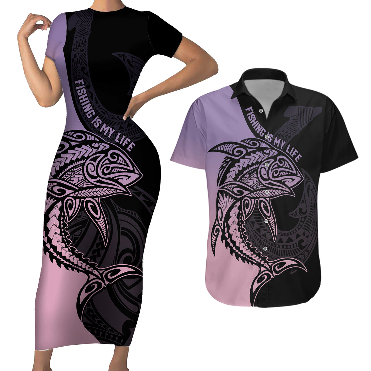 Personalised Polynesia Fishing Couples Matching Short Sleeve Bodycon Dress and Hawaiian Shirt With Maori Hei Matau Fish Hook Pastel Art LT9 Pastel - Polynesian Pride