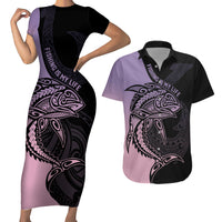 Personalised Polynesia Fishing Couples Matching Short Sleeve Bodycon Dress and Hawaiian Shirt With Maori Hei Matau Fish Hook Pastel Art LT9 Pastel - Polynesian Pride