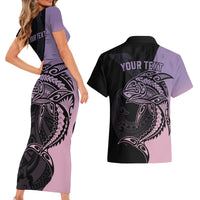 Personalised Polynesia Fishing Couples Matching Short Sleeve Bodycon Dress and Hawaiian Shirt With Maori Hei Matau Fish Hook Pastel Art LT9 - Polynesian Pride