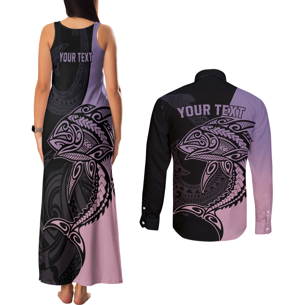 personalised-polynesia-fishing-couples-matching-tank-maxi-dress-and-long-sleeve-button-shirts-with-maori-hei-matau-fish-hook-pastel-art