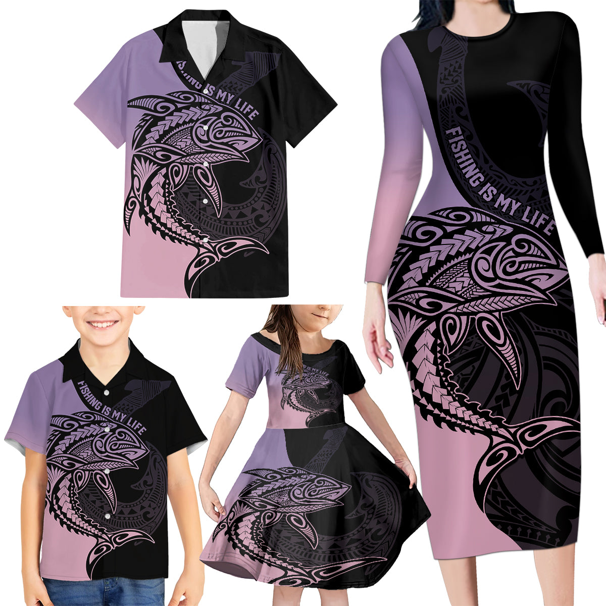 Personalised Polynesia Fishing Family Matching Long Sleeve Bodycon Dress and Hawaiian Shirt With Maori Hei Matau Fish Hook Pastel Art LT9 - Polynesian Pride