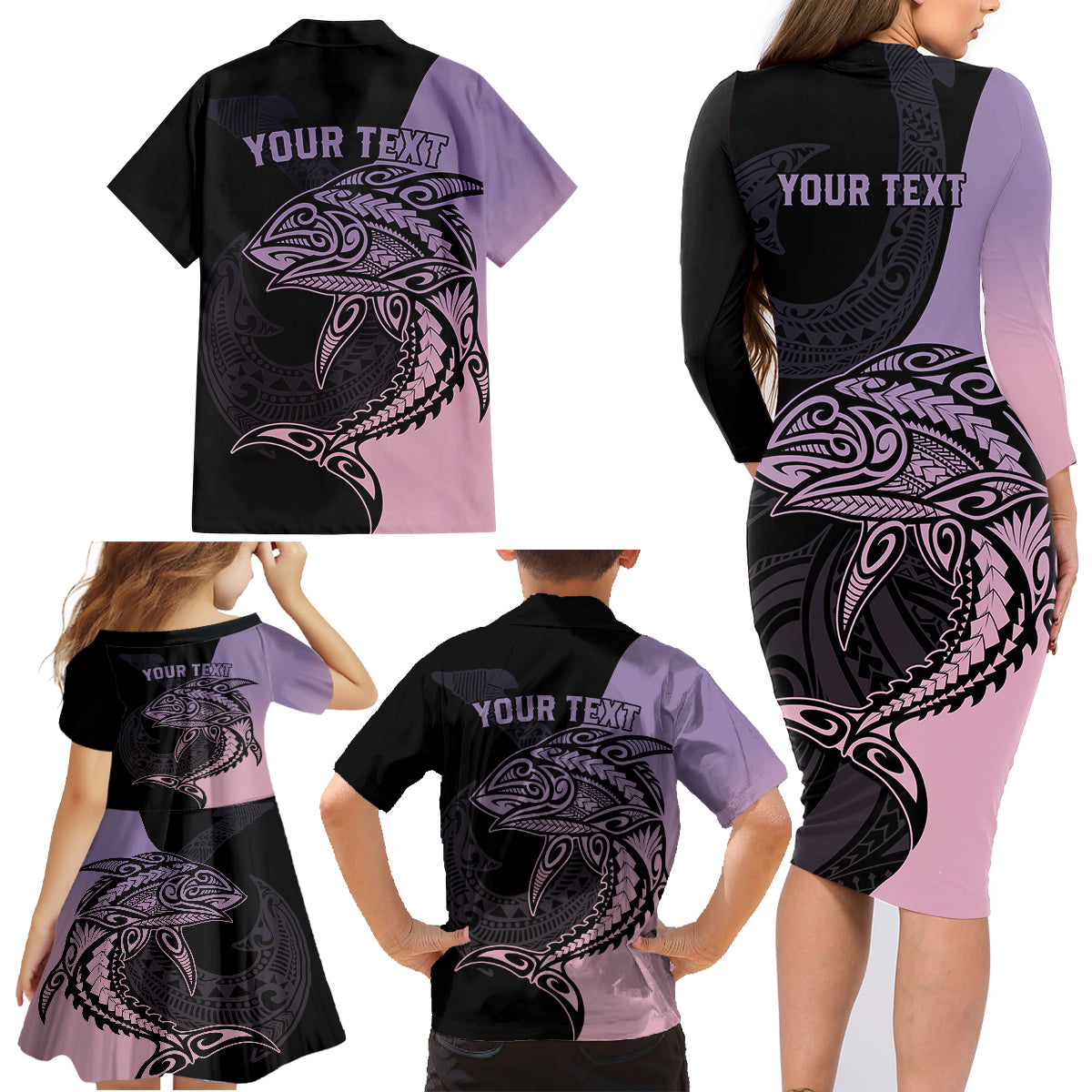 Personalised Polynesia Fishing Family Matching Long Sleeve Bodycon Dress and Hawaiian Shirt With Maori Hei Matau Fish Hook Pastel Art LT9 - Polynesian Pride
