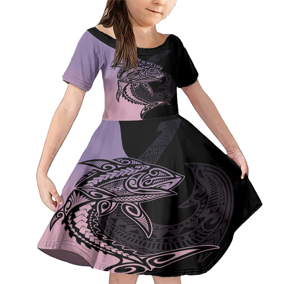 Personalised Polynesia Fishing Family Matching Mermaid Dress and Hawaiian Shirt With Maori Hei Matau Fish Hook Pastel Art LT9 Daughter's Dress Pastel - Polynesian Pride