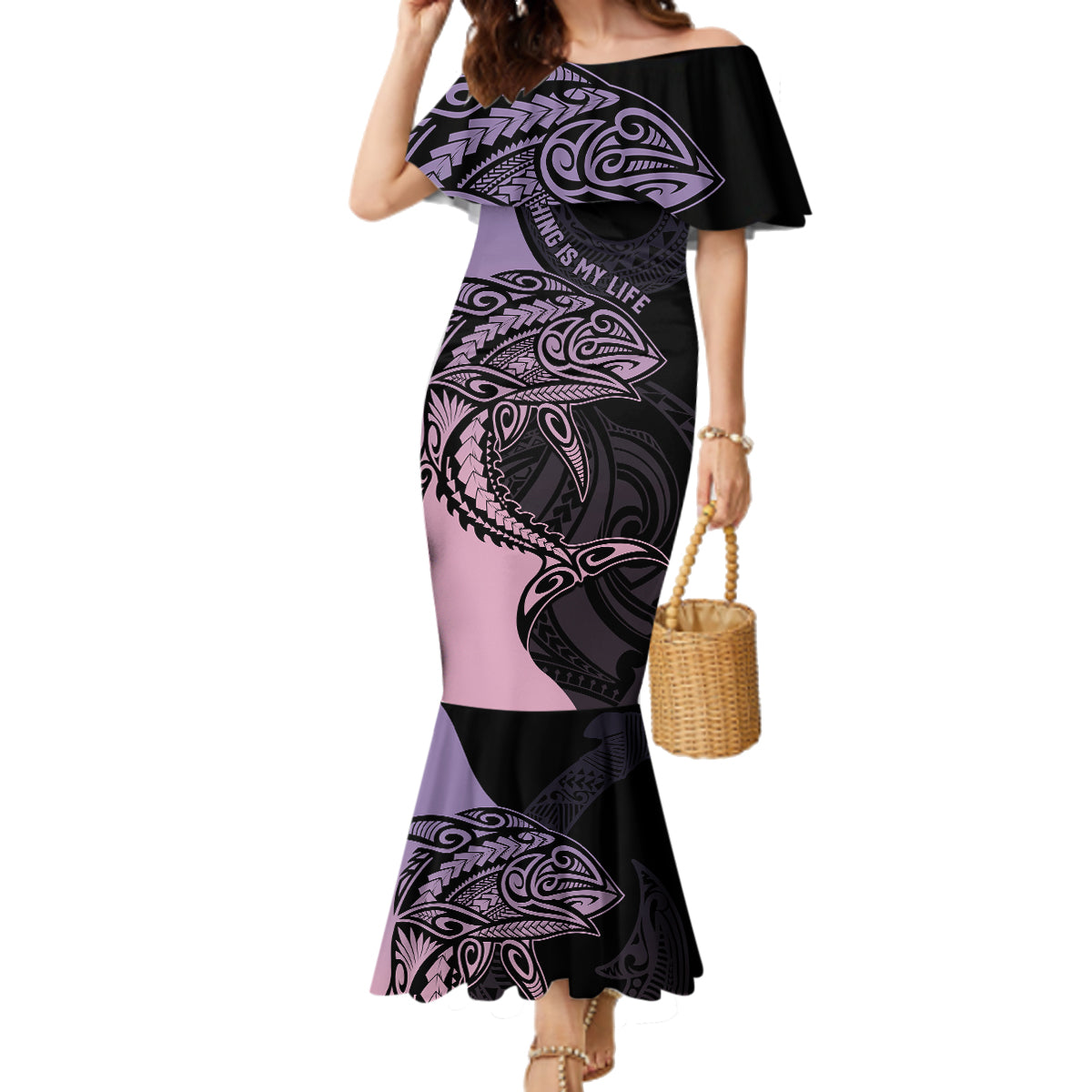Personalised Polynesia Fishing Family Matching Mermaid Dress and Hawaiian Shirt With Maori Hei Matau Fish Hook Pastel Art LT9 Mom's Dress Pastel - Polynesian Pride