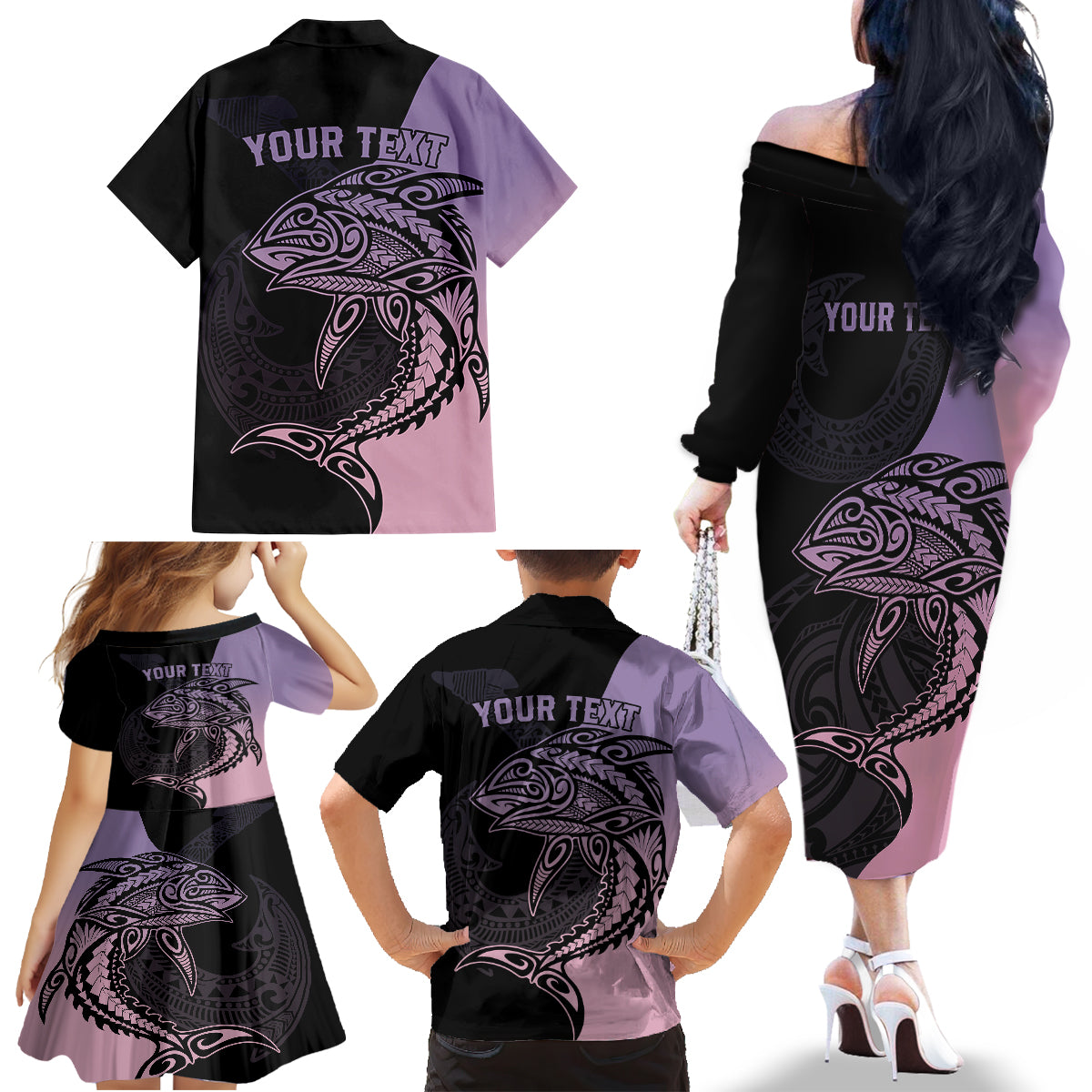 Personalised Polynesia Fishing Family Matching Off Shoulder Long Sleeve Dress and Hawaiian Shirt With Maori Hei Matau Fish Hook Pastel Art LT9 - Polynesian Pride