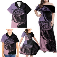 Personalised Polynesia Fishing Family Matching Off Shoulder Maxi Dress and Hawaiian Shirt With Maori Hei Matau Fish Hook Pastel Art LT9 - Polynesian Pride