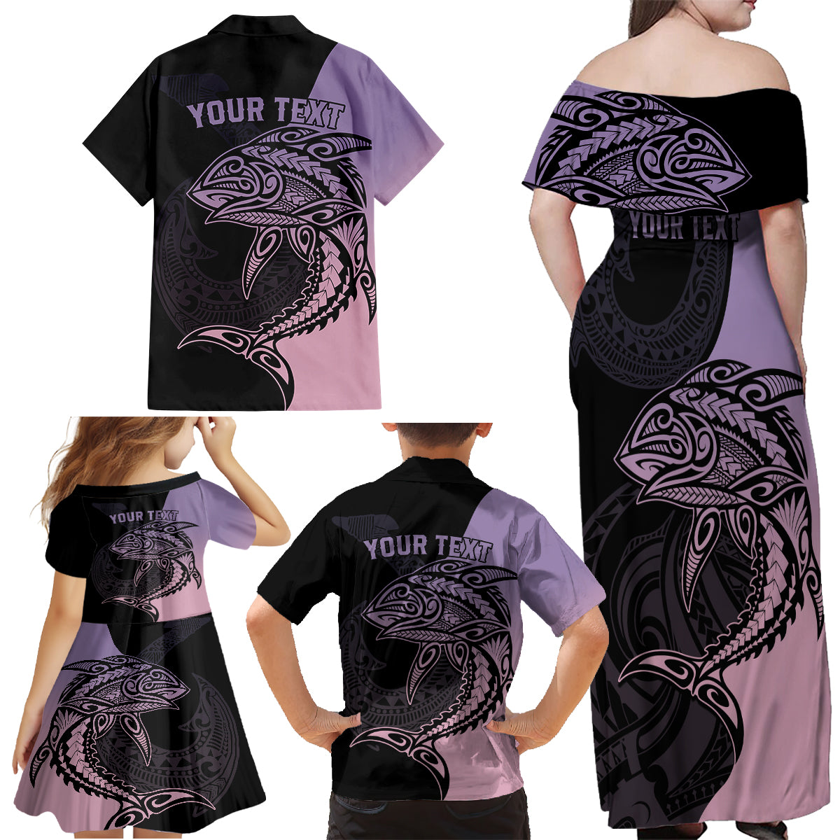 Personalised Polynesia Fishing Family Matching Off Shoulder Maxi Dress and Hawaiian Shirt With Maori Hei Matau Fish Hook Pastel Art LT9 - Polynesian Pride