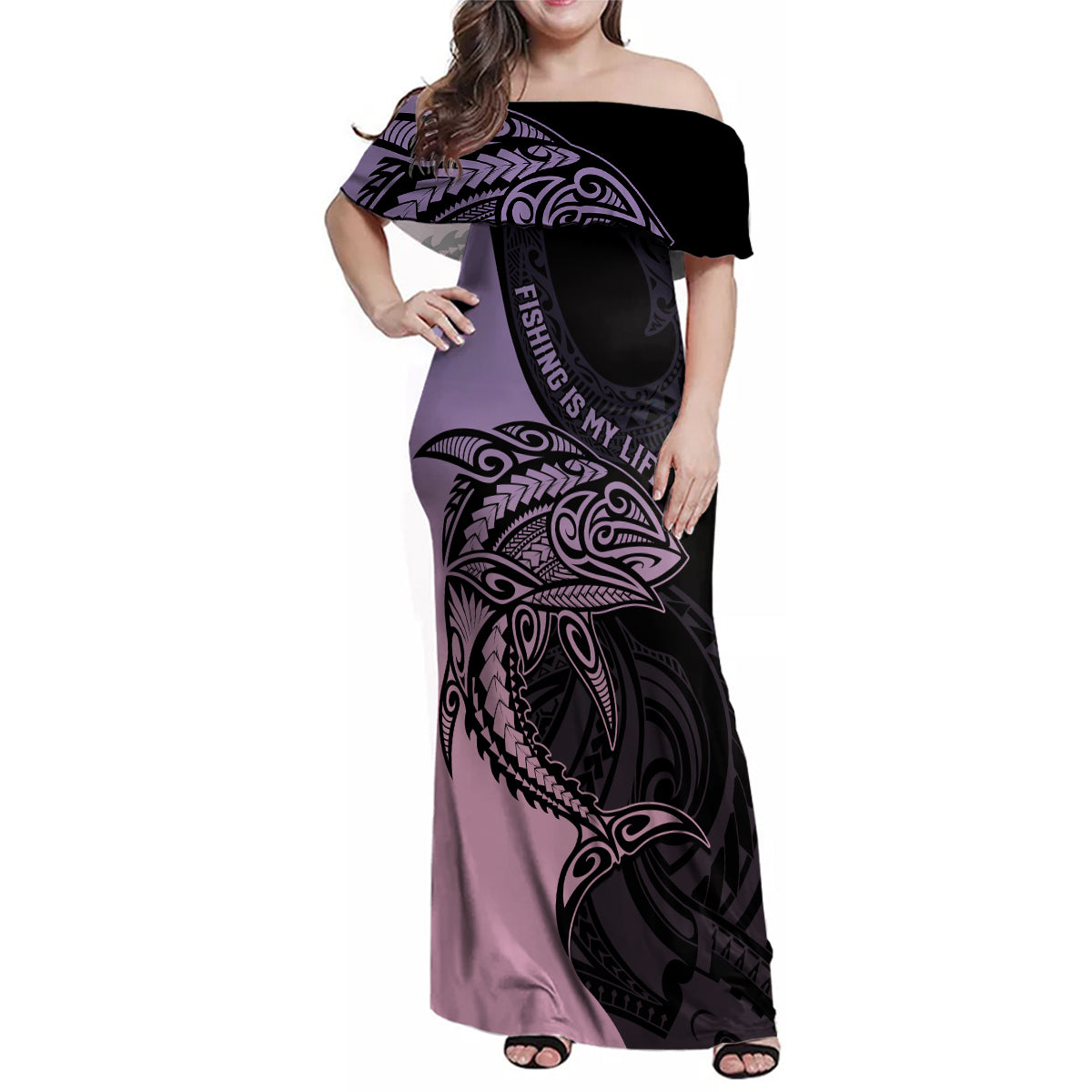 Personalised Polynesia Fishing Family Matching Off Shoulder Maxi Dress and Hawaiian Shirt With Maori Hei Matau Fish Hook Pastel Art LT9 Mom's Dress Pastel - Polynesian Pride