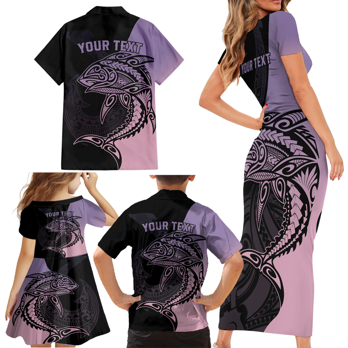 Personalised Polynesia Fishing Family Matching Short Sleeve Bodycon Dress and Hawaiian Shirt With Maori Hei Matau Fish Hook Pastel Art LT9 - Polynesian Pride