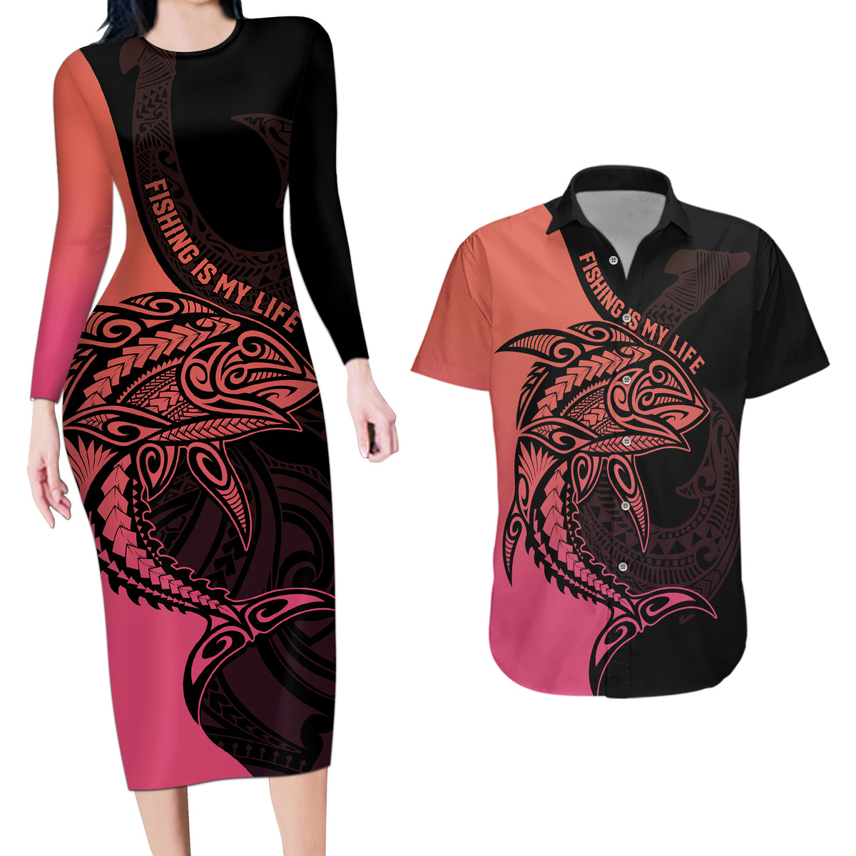 Personalised Polynesia Fishing Couples Matching Long Sleeve Bodycon Dress and Hawaiian Shirt With Maori Hei Matau Fish Hook Pink Art LT9 Pink - Polynesian Pride