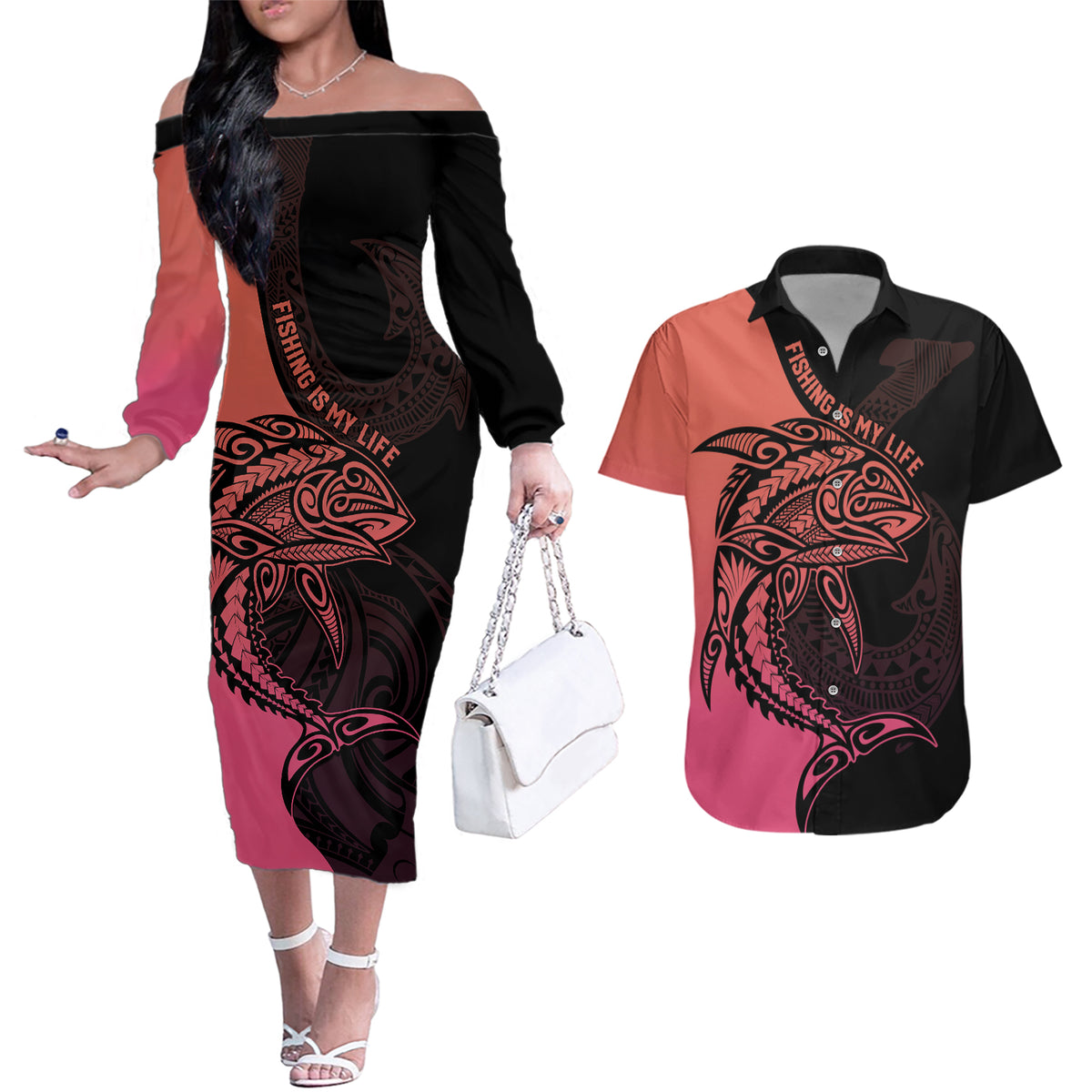 Personalised Polynesia Fishing Couples Matching Off The Shoulder Long Sleeve Dress and Hawaiian Shirt With Maori Hei Matau Fish Hook Pink Art LT9 Pink - Polynesian Pride