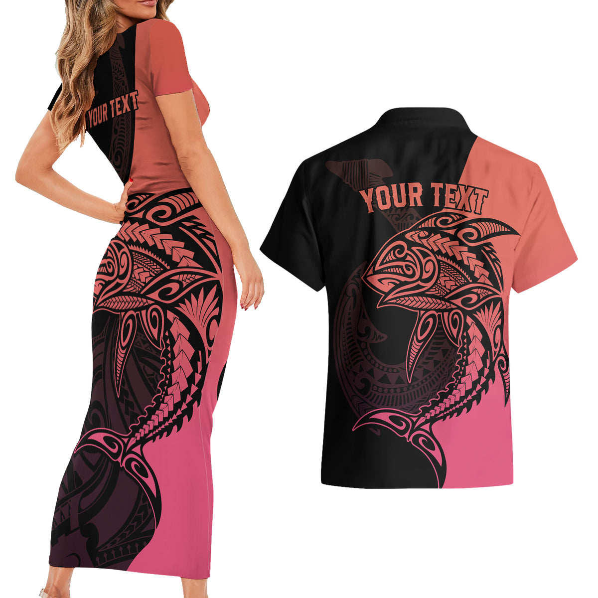 Personalised Polynesia Fishing Couples Matching Short Sleeve Bodycon Dress and Hawaiian Shirt With Maori Hei Matau Fish Hook Pink Art LT9 - Polynesian Pride