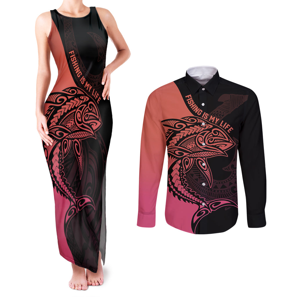 personalised-polynesia-fishing-couples-matching-tank-maxi-dress-and-long-sleeve-button-shirts-with-maori-hei-matau-fish-hook-pink-art