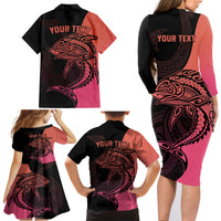 Personalised Polynesia Fishing Family Matching Long Sleeve Bodycon Dress and Hawaiian Shirt With Maori Hei Matau Fish Hook Pink Art LT9 - Polynesian Pride