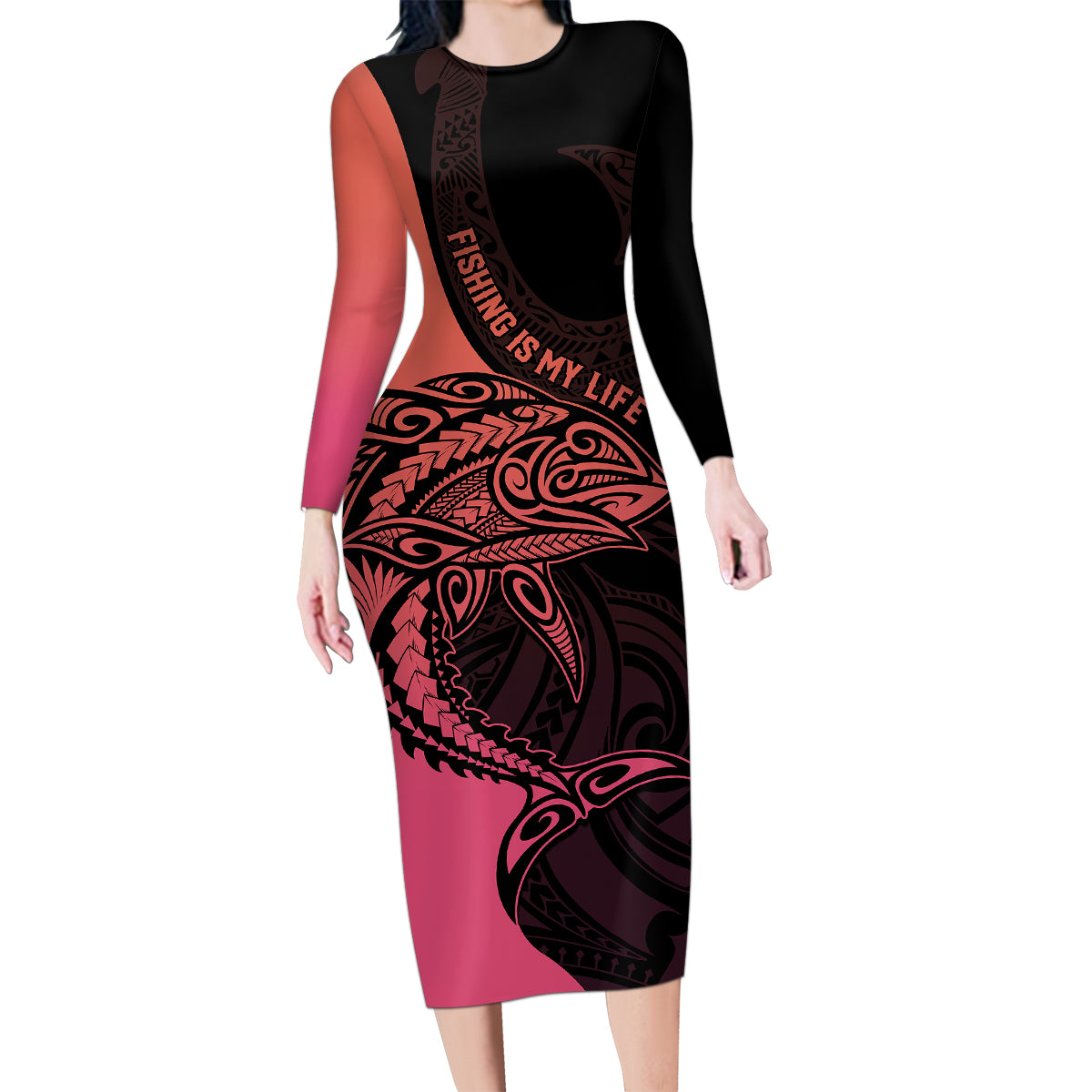 Personalised Polynesia Fishing Family Matching Long Sleeve Bodycon Dress and Hawaiian Shirt With Maori Hei Matau Fish Hook Pink Art LT9 Mom's Dress Pink - Polynesian Pride