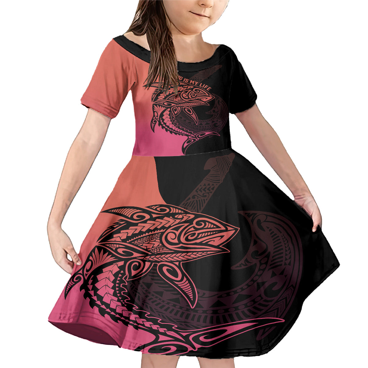 Personalised Polynesia Fishing Family Matching Mermaid Dress and Hawaiian Shirt With Maori Hei Matau Fish Hook Pink Art LT9 Daughter's Dress Pink - Polynesian Pride