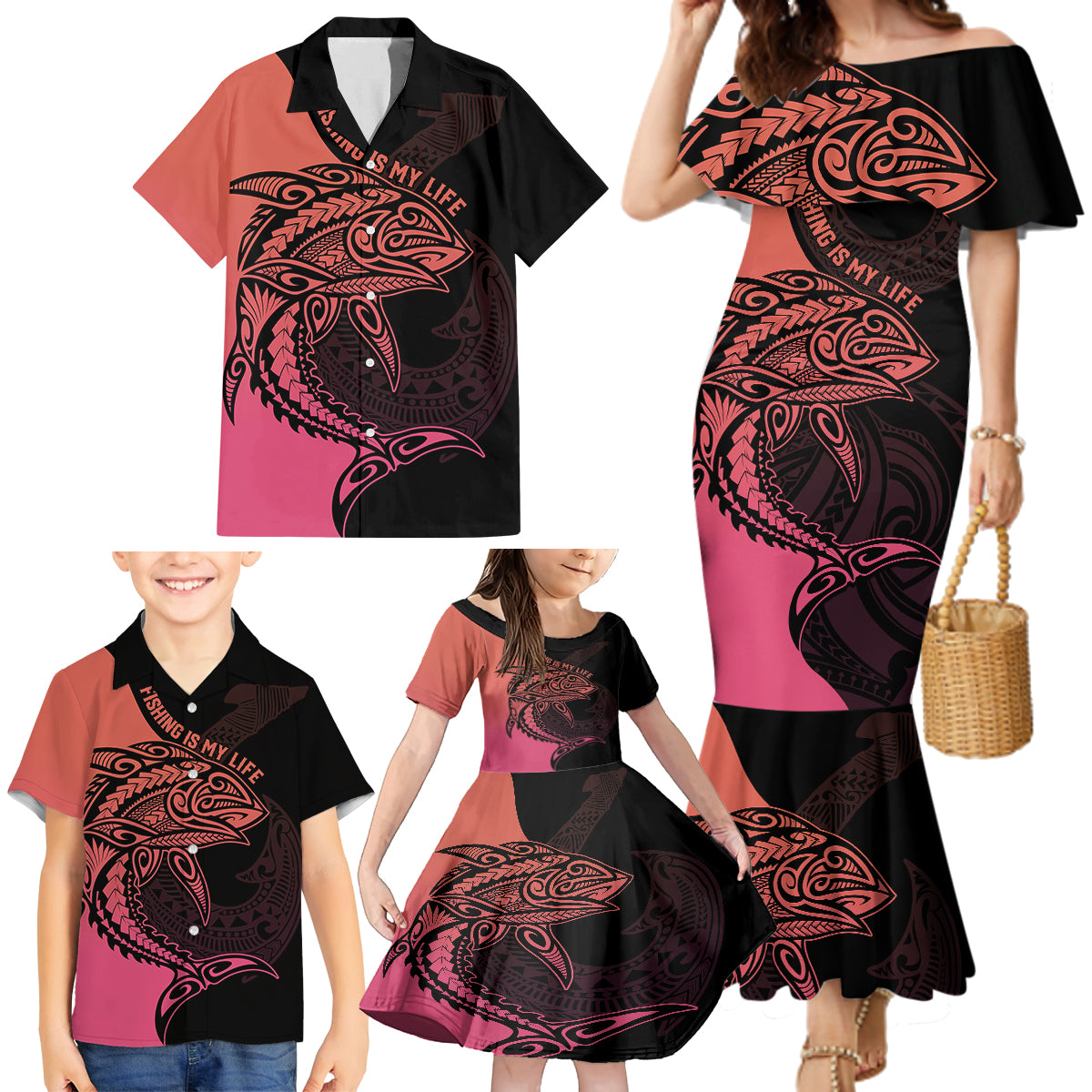Personalised Polynesia Fishing Family Matching Mermaid Dress and Hawaiian Shirt With Maori Hei Matau Fish Hook Pink Art LT9 - Polynesian Pride