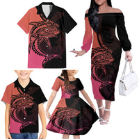Personalised Polynesia Fishing Family Matching Off Shoulder Long Sleeve Dress and Hawaiian Shirt With Maori Hei Matau Fish Hook Pink Art LT9 - Polynesian Pride