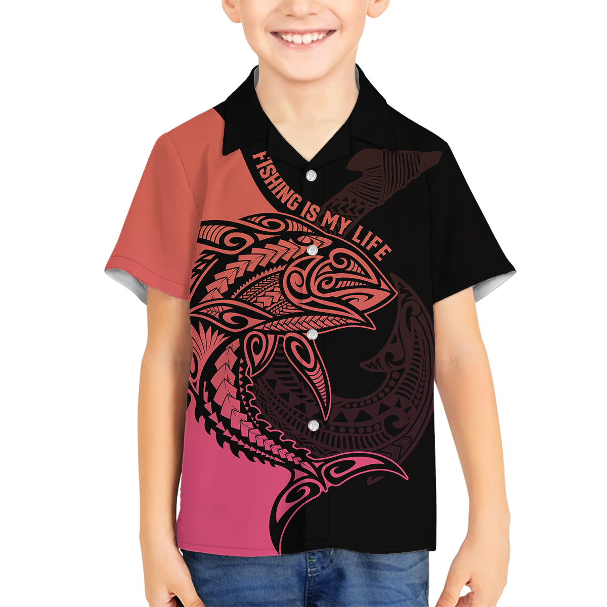 Personalised Polynesia Fishing Family Matching Off Shoulder Long Sleeve Dress and Hawaiian Shirt With Maori Hei Matau Fish Hook Pink Art LT9 Son's Shirt Pink - Polynesian Pride