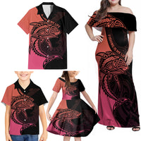 Personalised Polynesia Fishing Family Matching Off Shoulder Maxi Dress and Hawaiian Shirt With Maori Hei Matau Fish Hook Pink Art LT9 - Polynesian Pride