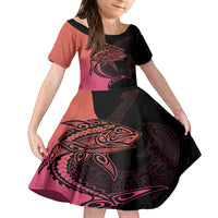 Personalised Polynesia Fishing Family Matching Off Shoulder Short Dress and Hawaiian Shirt With Maori Hei Matau Fish Hook Pink Art LT9 Daughter's Dress Pink - Polynesian Pride