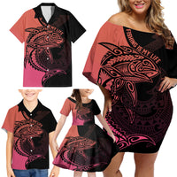 Personalised Polynesia Fishing Family Matching Off Shoulder Short Dress and Hawaiian Shirt With Maori Hei Matau Fish Hook Pink Art LT9 - Polynesian Pride
