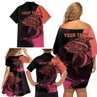 Personalised Polynesia Fishing Family Matching Off Shoulder Short Dress and Hawaiian Shirt With Maori Hei Matau Fish Hook Pink Art LT9 - Polynesian Pride