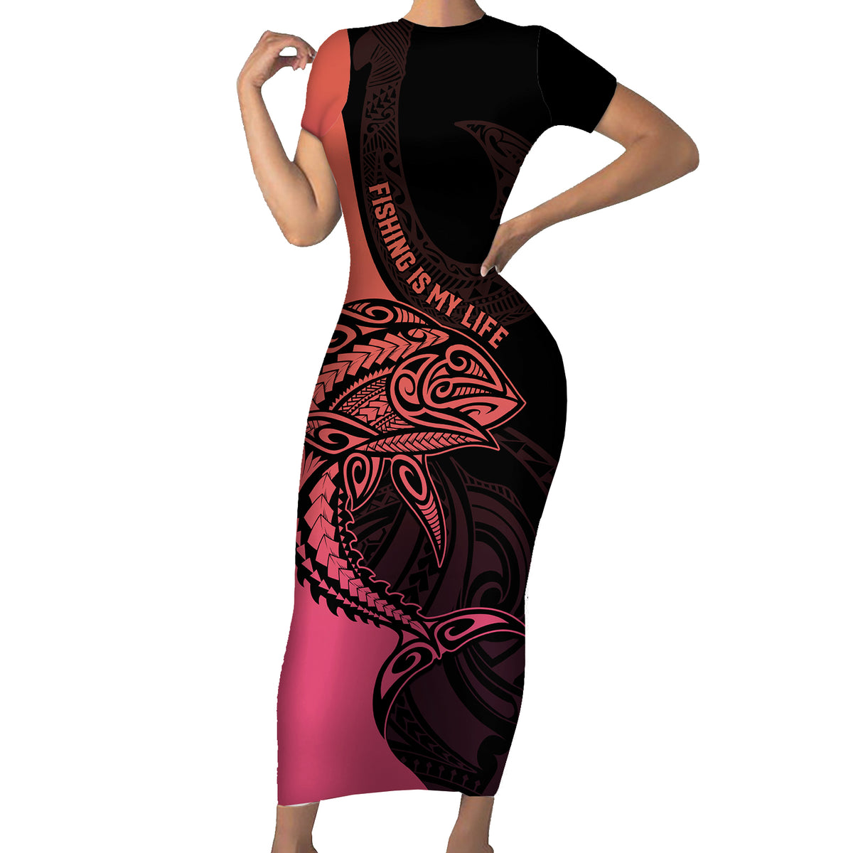 Personalised Polynesia Fishing Family Matching Short Sleeve Bodycon Dress and Hawaiian Shirt With Maori Hei Matau Fish Hook Pink Art LT9 Mom's Dress Pink - Polynesian Pride
