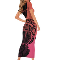 Personalised Polynesia Fishing Family Matching Short Sleeve Bodycon Dress and Hawaiian Shirt With Maori Hei Matau Fish Hook Pink Art LT9 - Polynesian Pride