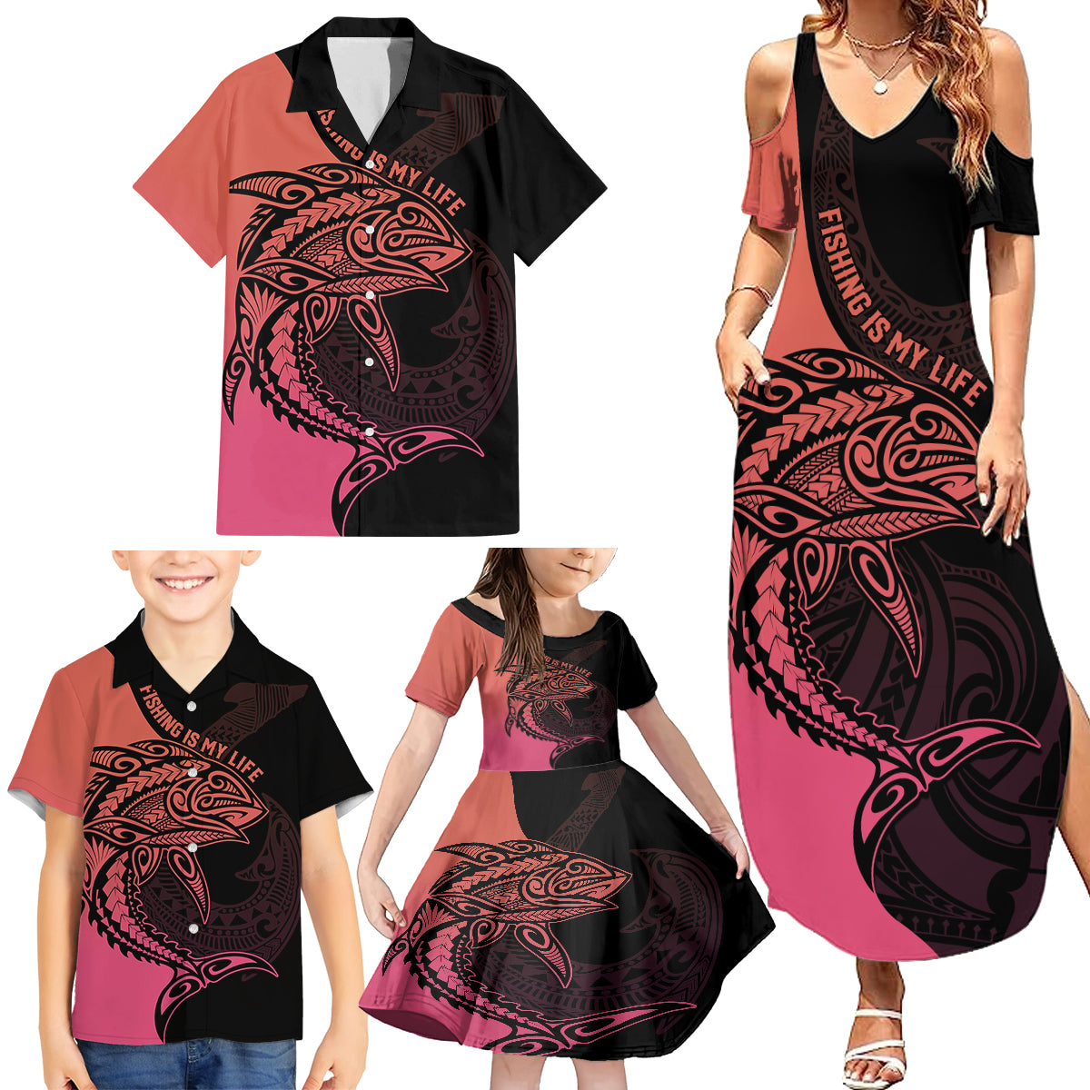 Personalised Polynesia Fishing Family Matching Summer Maxi Dress and Hawaiian Shirt With Maori Hei Matau Fish Hook Pink Art LT9 - Polynesian Pride
