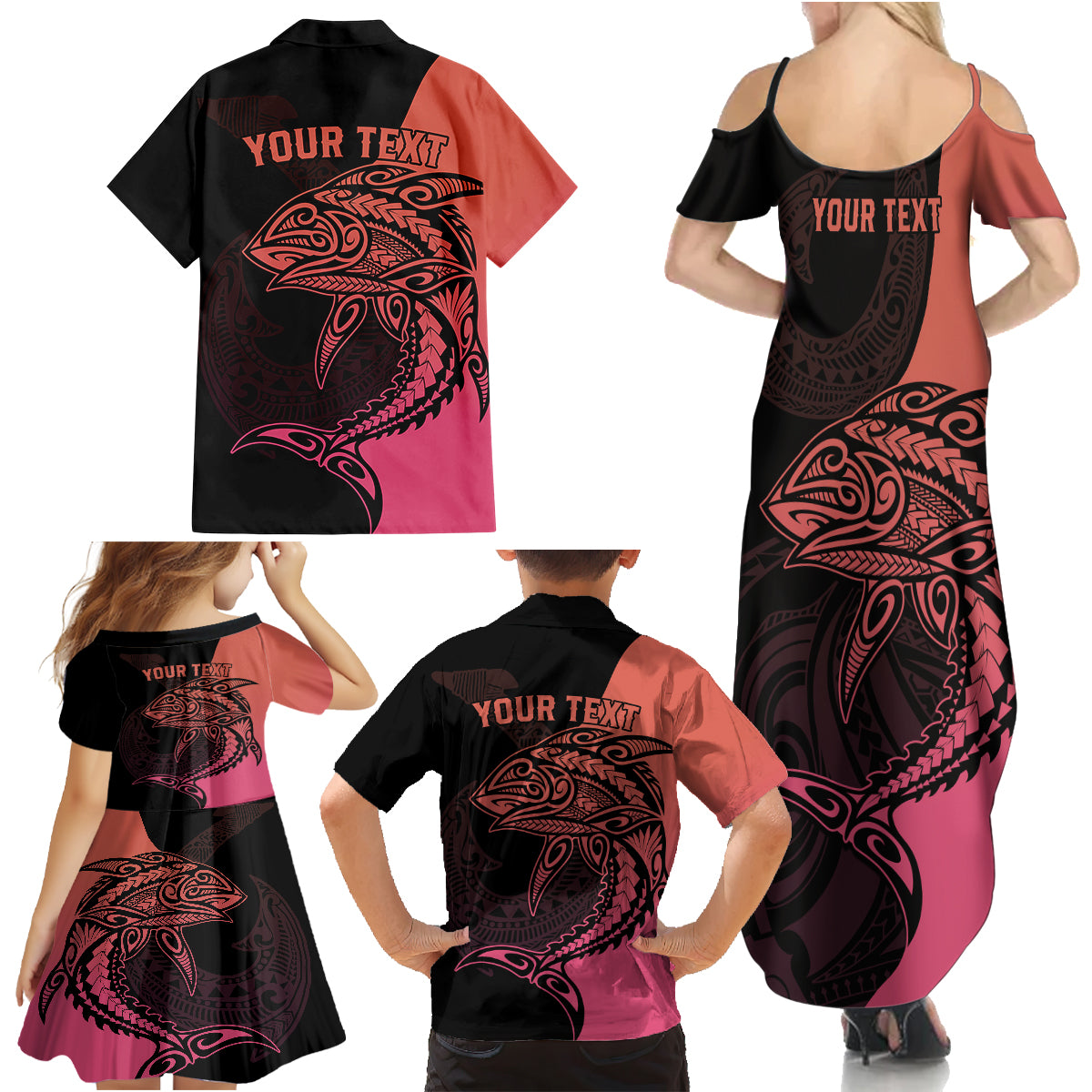 Personalised Polynesia Fishing Family Matching Summer Maxi Dress and Hawaiian Shirt With Maori Hei Matau Fish Hook Pink Art LT9 - Polynesian Pride