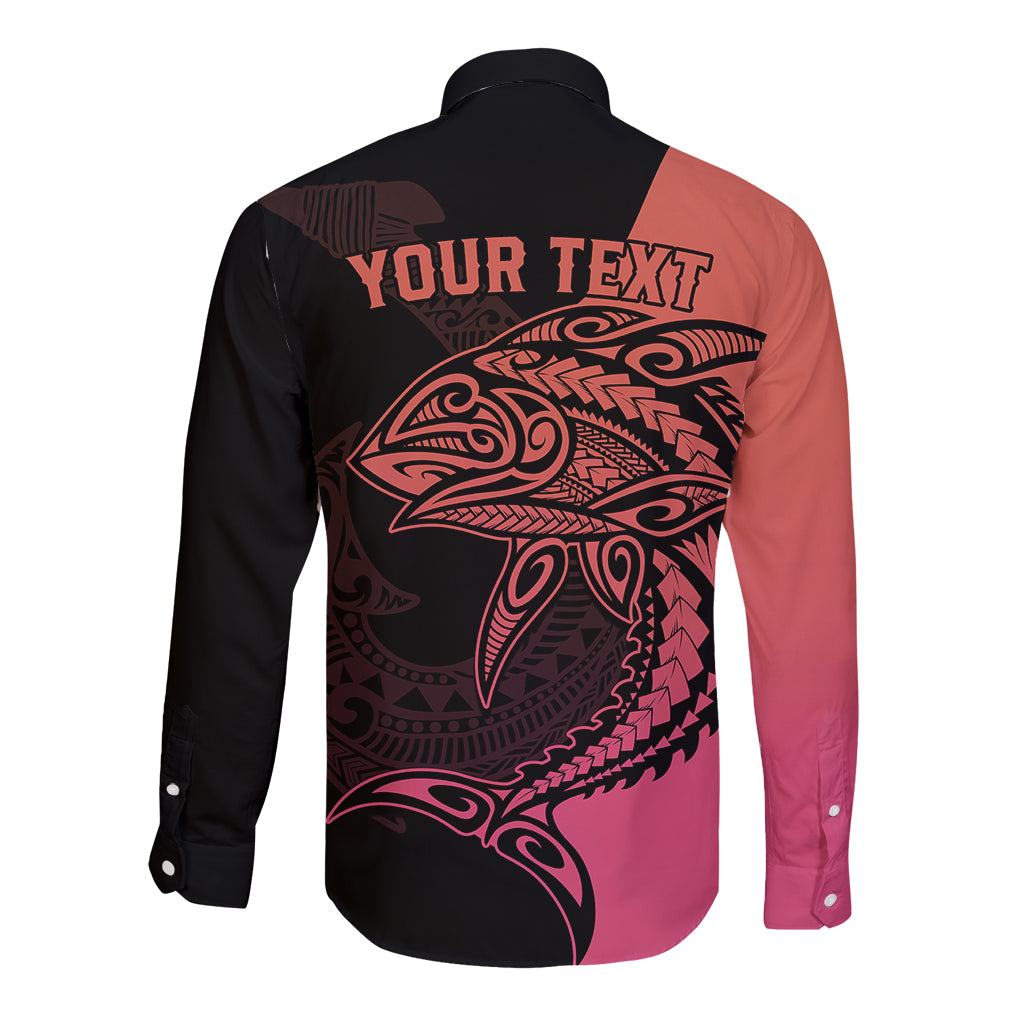 Personalised Polynesia Fishing Long Sleeve Button Shirt With Maori Hei Matau Fish Hook Pink Art LT9 - Polynesian Pride