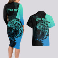 Personalised Polynesia Fishing Couples Matching Long Sleeve Bodycon Dress and Hawaiian Shirt With Maori Hei Matau Fish Hook Turquoise Art LT9 - Polynesian Pride