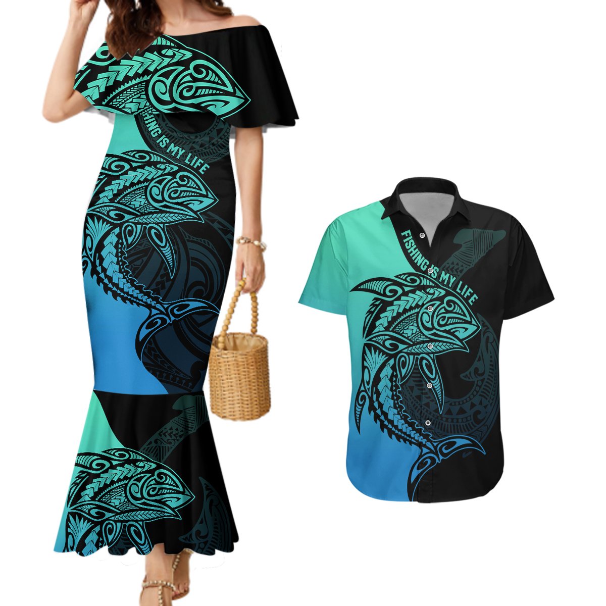 Personalised Polynesia Fishing Couples Matching Mermaid Dress and Hawaiian Shirt With Maori Hei Matau Fish Hook Turquoise Art LT9 Turquoise - Polynesian Pride