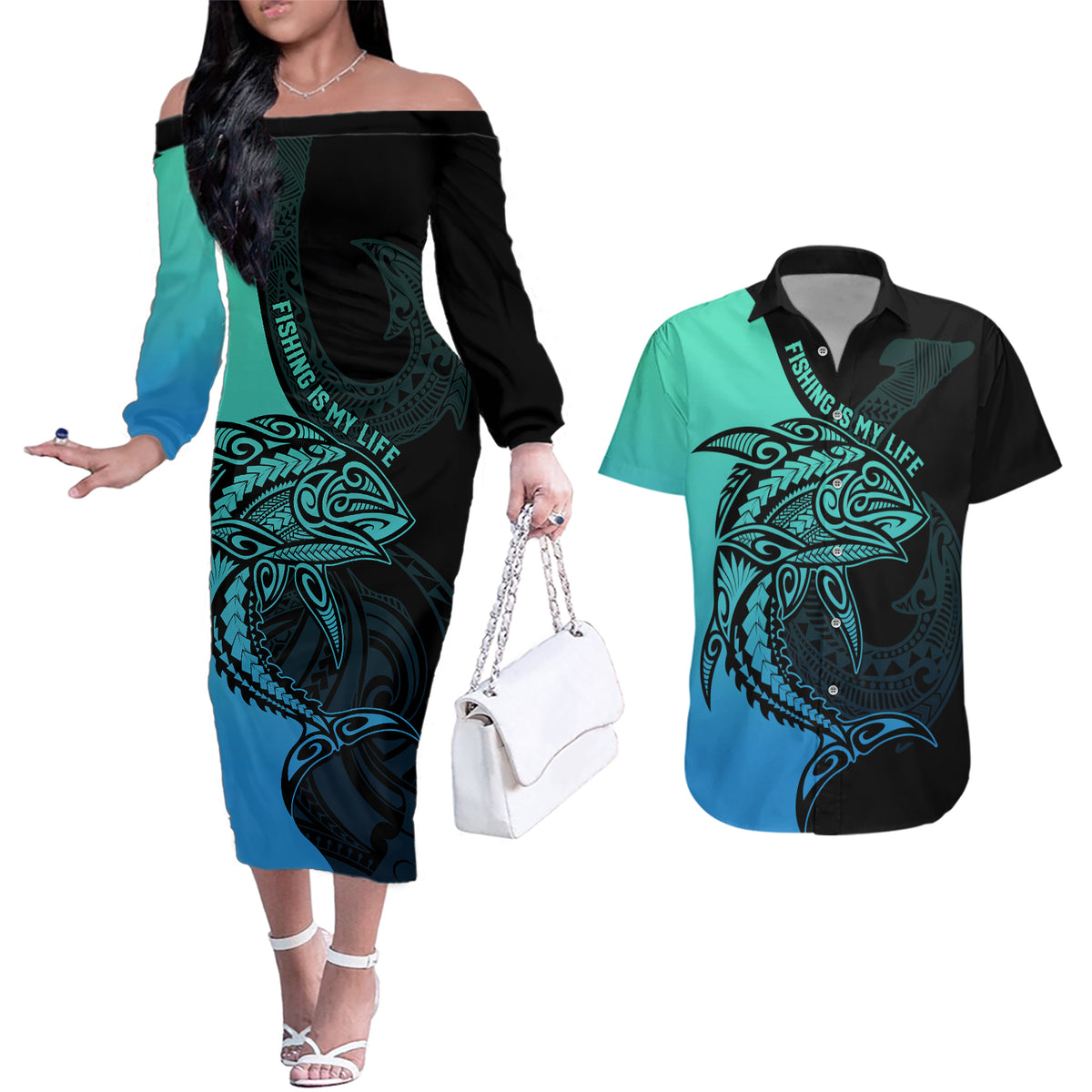 Personalised Polynesia Fishing Couples Matching Off The Shoulder Long Sleeve Dress and Hawaiian Shirt With Maori Hei Matau Fish Hook Turquoise Art LT9 Turquoise - Polynesian Pride