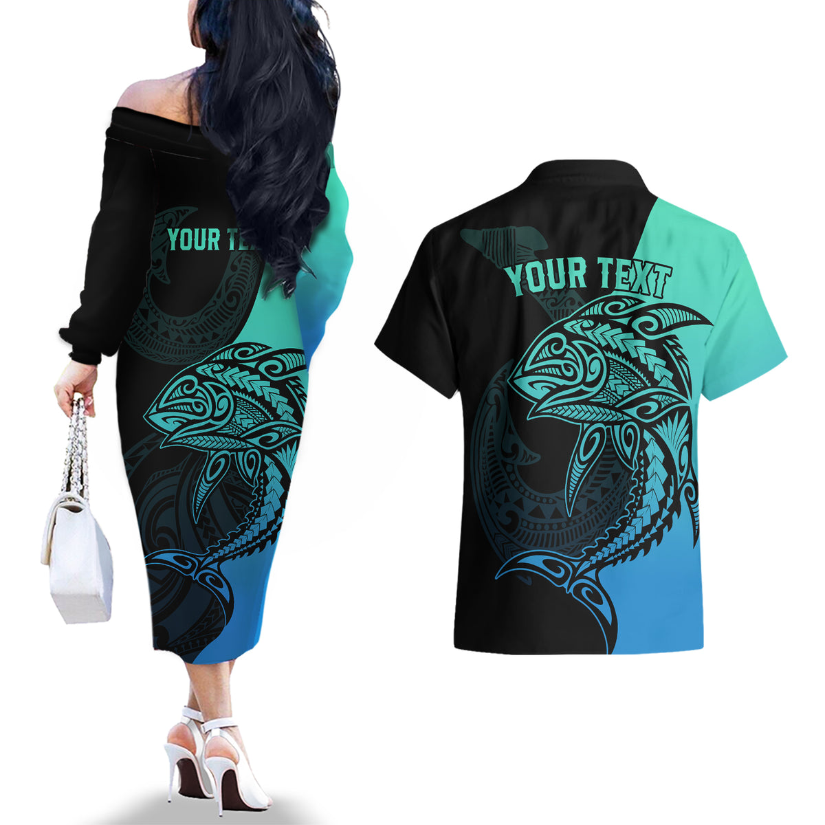 Personalised Polynesia Fishing Couples Matching Off The Shoulder Long Sleeve Dress and Hawaiian Shirt With Maori Hei Matau Fish Hook Turquoise Art LT9 - Polynesian Pride