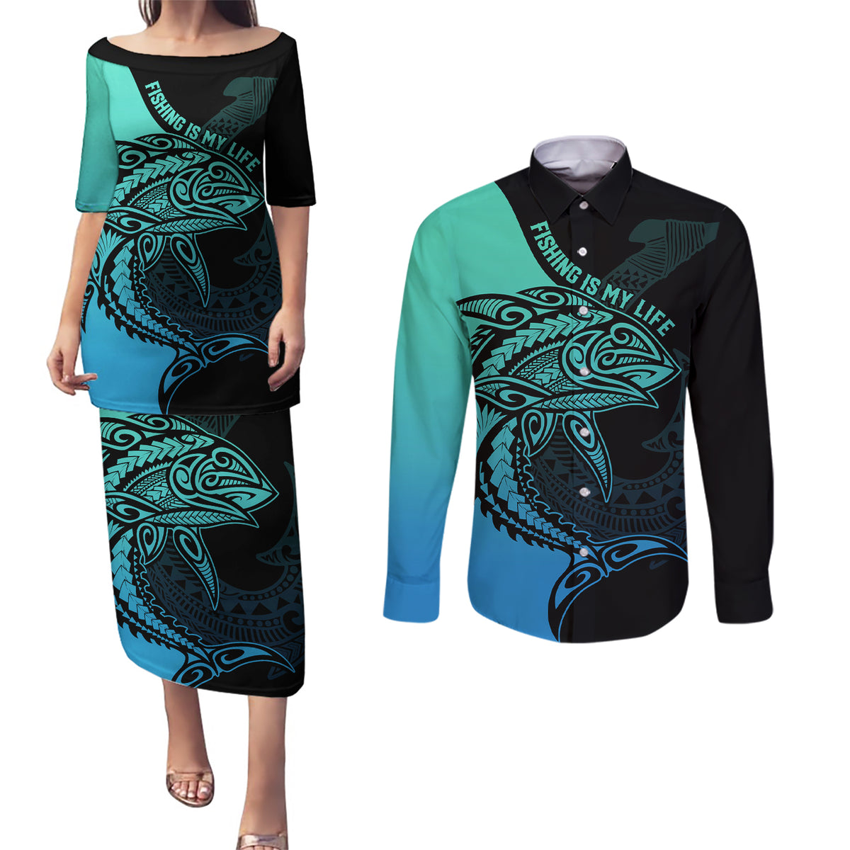 personalised-polynesia-fishing-couples-matching-puletasi-dress-and-long-sleeve-button-shirts-with-maori-hei-matau-fish-hook-turquoise-art
