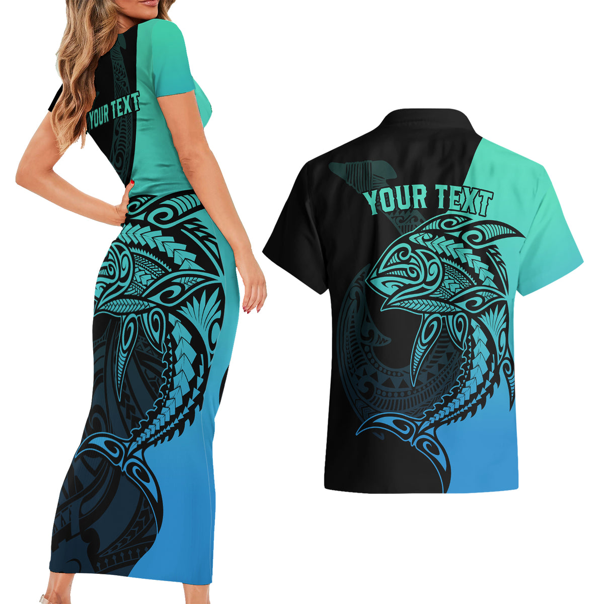 Personalised Polynesia Fishing Couples Matching Short Sleeve Bodycon Dress and Hawaiian Shirt With Maori Hei Matau Fish Hook Turquoise Art LT9 - Polynesian Pride