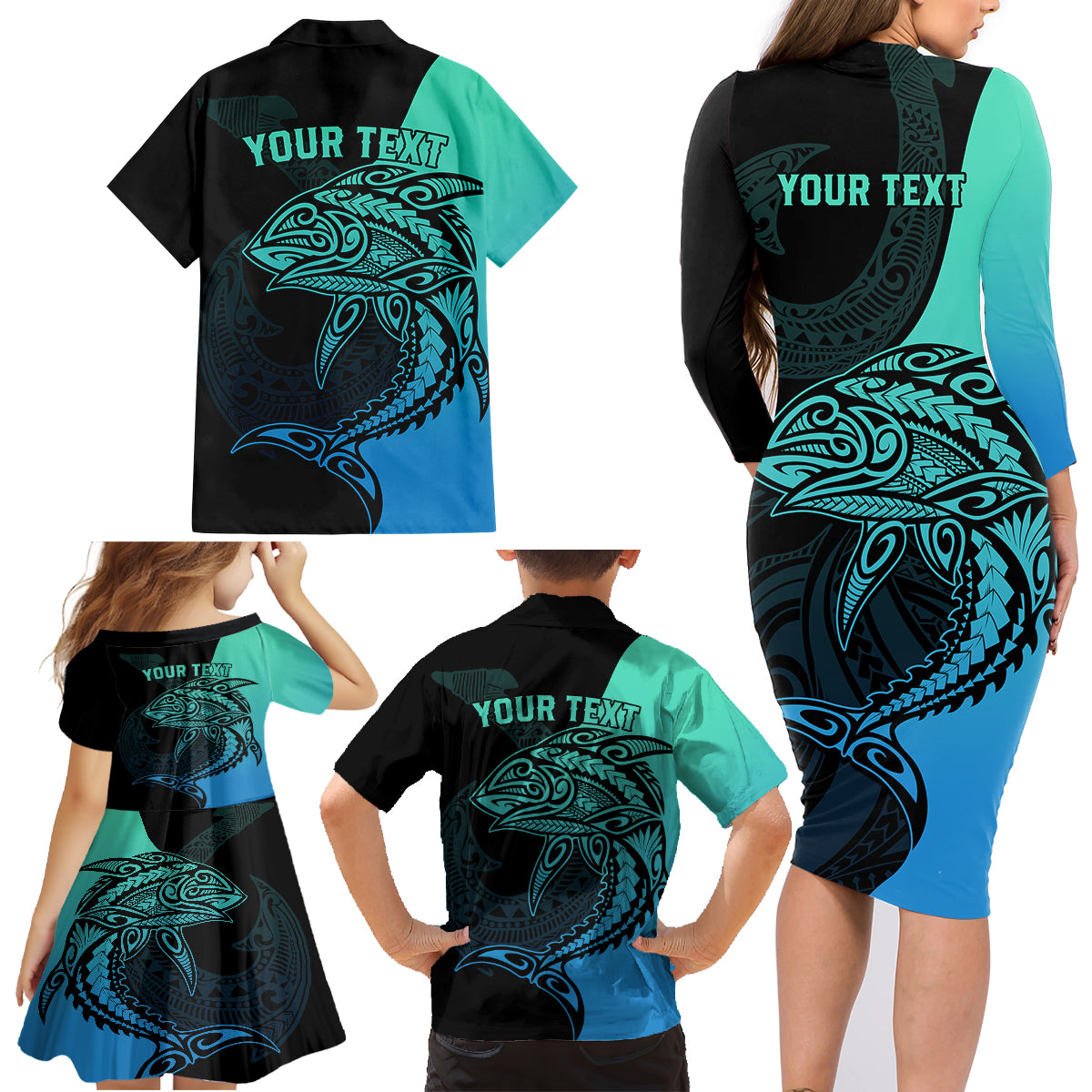 Personalised Polynesia Fishing Family Matching Long Sleeve Bodycon Dress and Hawaiian Shirt With Maori Hei Matau Fish Hook Turquoise Art LT9 - Polynesian Pride