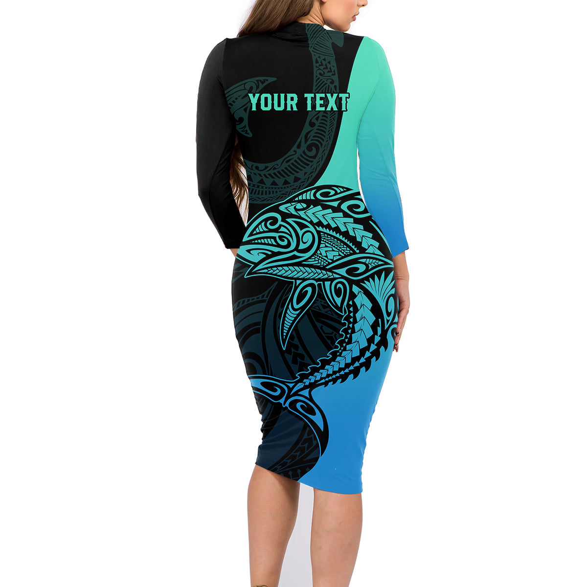 Personalised Polynesia Fishing Family Matching Long Sleeve Bodycon Dress and Hawaiian Shirt With Maori Hei Matau Fish Hook Turquoise Art LT9 - Polynesian Pride