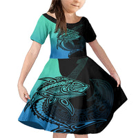 Personalised Polynesia Fishing Family Matching Mermaid Dress and Hawaiian Shirt With Maori Hei Matau Fish Hook Turquoise Art LT9 Daughter's Dress Turquoise - Polynesian Pride