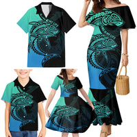 Personalised Polynesia Fishing Family Matching Mermaid Dress and Hawaiian Shirt With Maori Hei Matau Fish Hook Turquoise Art LT9 - Polynesian Pride