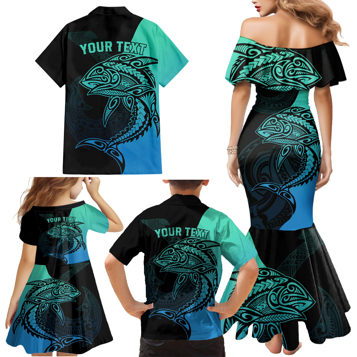 Personalised Polynesia Fishing Family Matching Mermaid Dress and Hawaiian Shirt With Maori Hei Matau Fish Hook Turquoise Art LT9 - Polynesian Pride