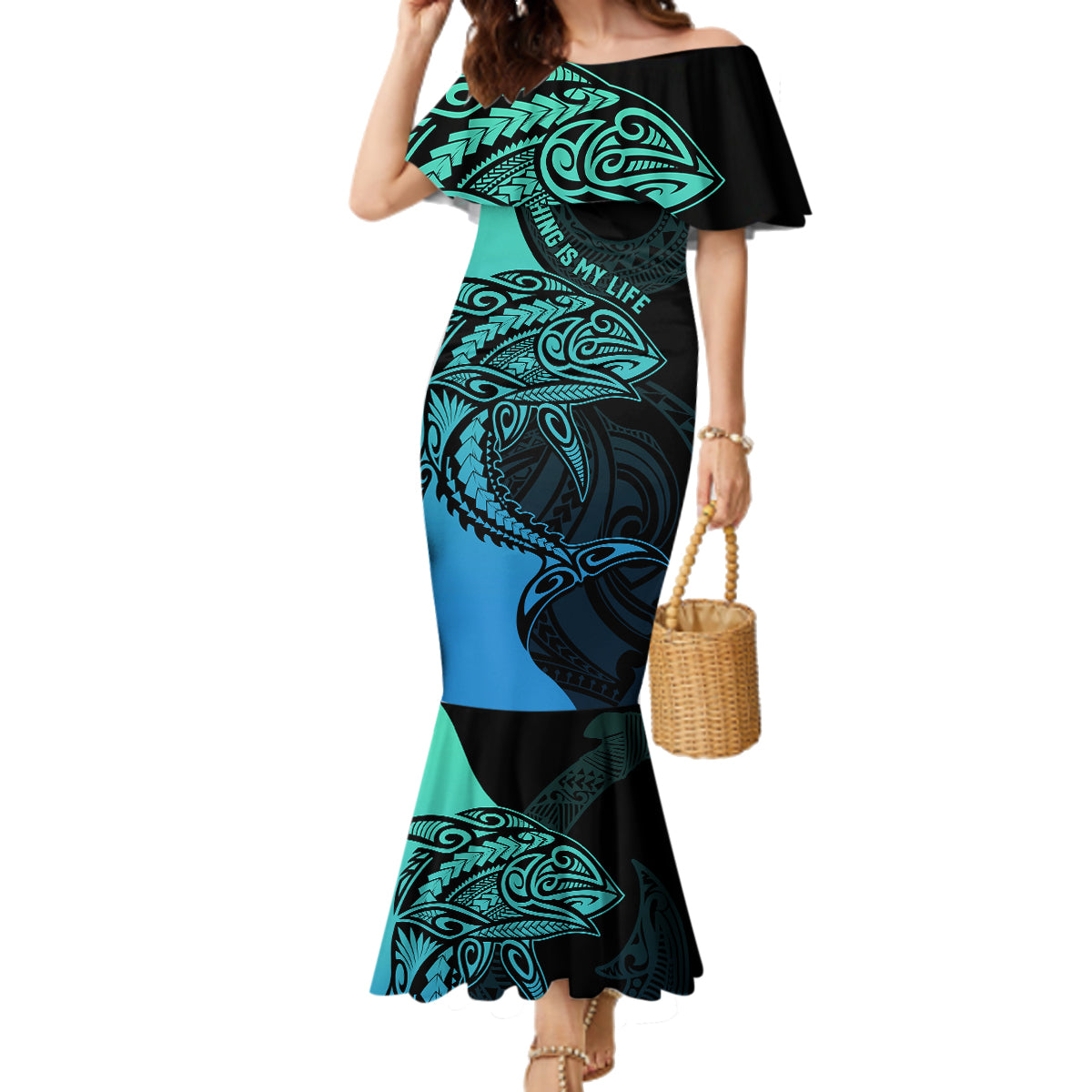 Personalised Polynesia Fishing Family Matching Mermaid Dress and Hawaiian Shirt With Maori Hei Matau Fish Hook Turquoise Art LT9 Mom's Dress Turquoise - Polynesian Pride
