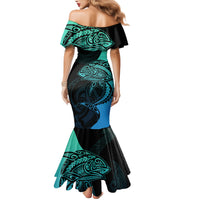 Personalised Polynesia Fishing Family Matching Mermaid Dress and Hawaiian Shirt With Maori Hei Matau Fish Hook Turquoise Art LT9 - Polynesian Pride