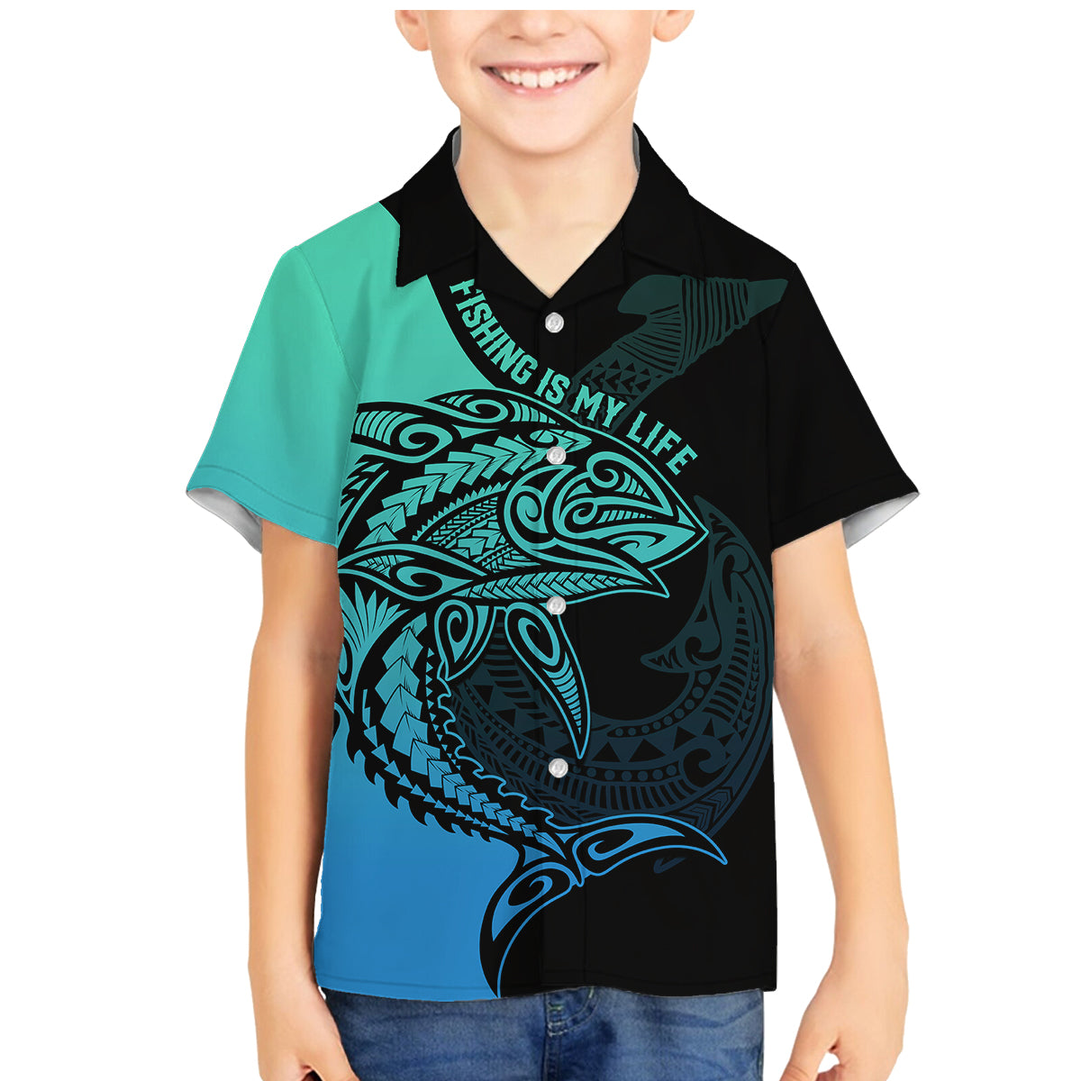 Personalised Polynesia Fishing Family Matching Mermaid Dress and Hawaiian Shirt With Maori Hei Matau Fish Hook Turquoise Art LT9 Son's Shirt Turquoise - Polynesian Pride
