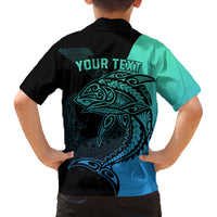 Personalised Polynesia Fishing Family Matching Off Shoulder Long Sleeve Dress and Hawaiian Shirt With Maori Hei Matau Fish Hook Turquoise Art LT9 - Polynesian Pride
