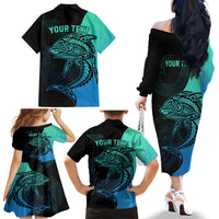Personalised Polynesia Fishing Family Matching Off Shoulder Long Sleeve Dress and Hawaiian Shirt With Maori Hei Matau Fish Hook Turquoise Art LT9 - Polynesian Pride