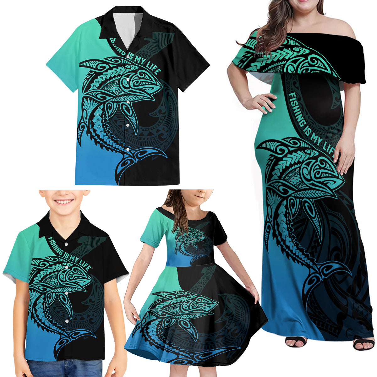 Personalised Polynesia Fishing Family Matching Off Shoulder Maxi Dress and Hawaiian Shirt With Maori Hei Matau Fish Hook Turquoise Art LT9 - Polynesian Pride